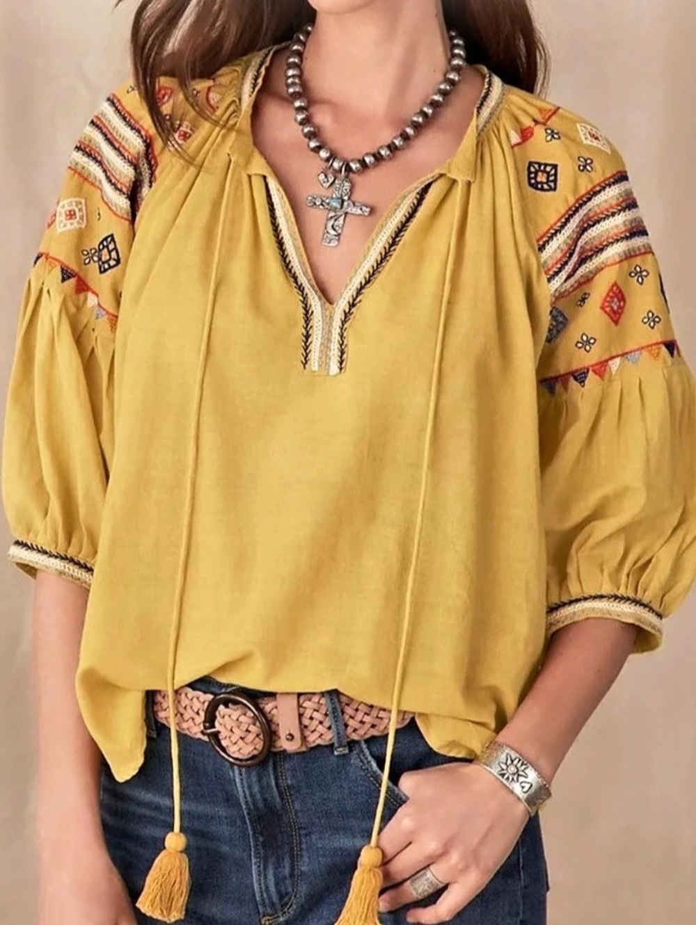 Alamwar Embroidered Walk the Earth Cotton Blouse Boho Yellow Medium